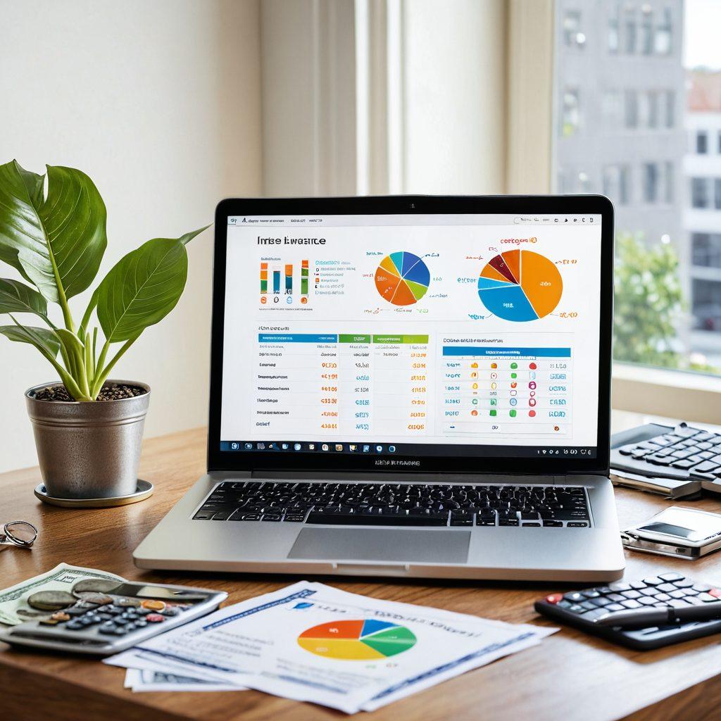 A laptop displaying a visually engaging insurance quote comparison website, surrounded by stacks of coins and dollar bills, symbolizing savings. Incorporate a vibrant pie chart and a calculator on the desk, emphasizing smart financial choices. Soft light filtering through a window to create an inviting atmosphere. super-realistic. vibrant colors. white background.
