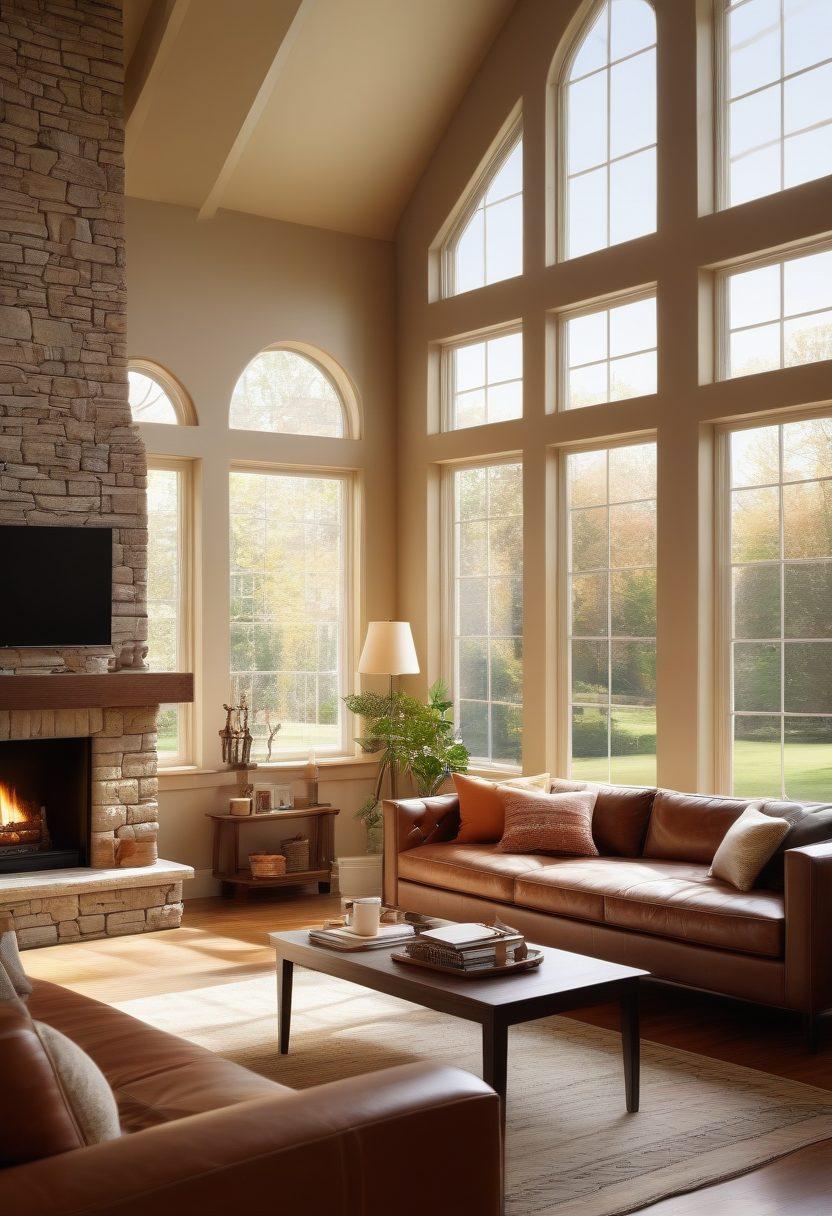 A serene living room setting, featuring a cozy couch and a warm fireplace, with insurance-related documents and a laptop open on a coffee table, symbolizing health and home. Soft sunlight filters through large windows, creating an inviting atmosphere. An array of diverse insurance symbols (like health, home, life) subtly integrated into the decor. super-realistic. vibrant colors. warm tones.